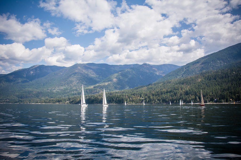 9 sailboats on the water at the Gray Creek regatta.